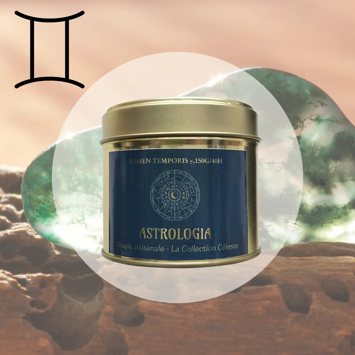 Bougie Astrologie - Gémeaux - Agate Mousse • Clarté & Harmonie (70 grammes / ~18 heures de combustion)