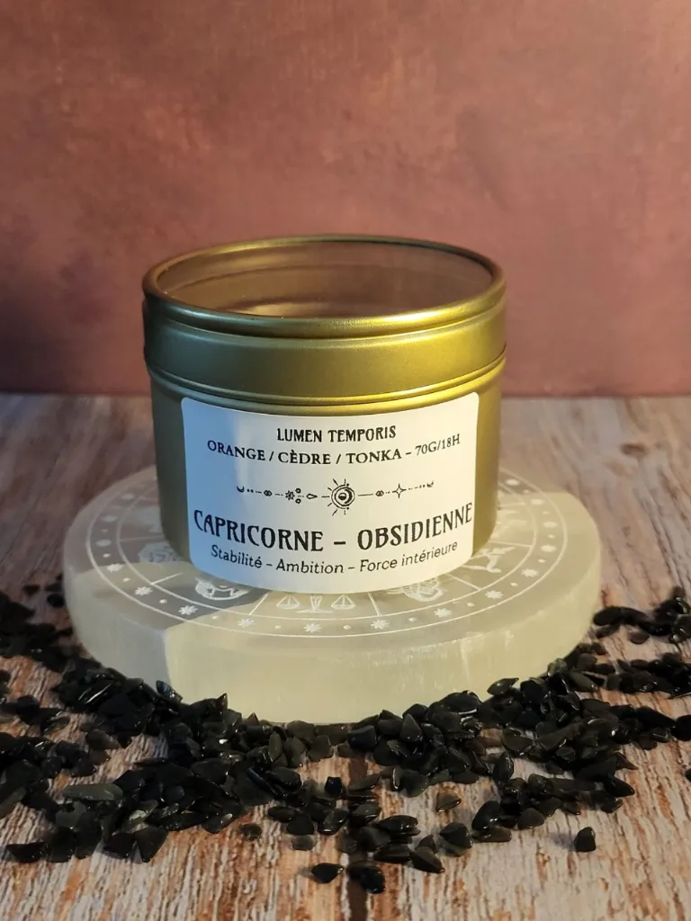 Bougie Astrologique Capricorne – Obsidienne Noire • Stabilité, Force & Ambition (70 grammes / ~18 heures de combustion)