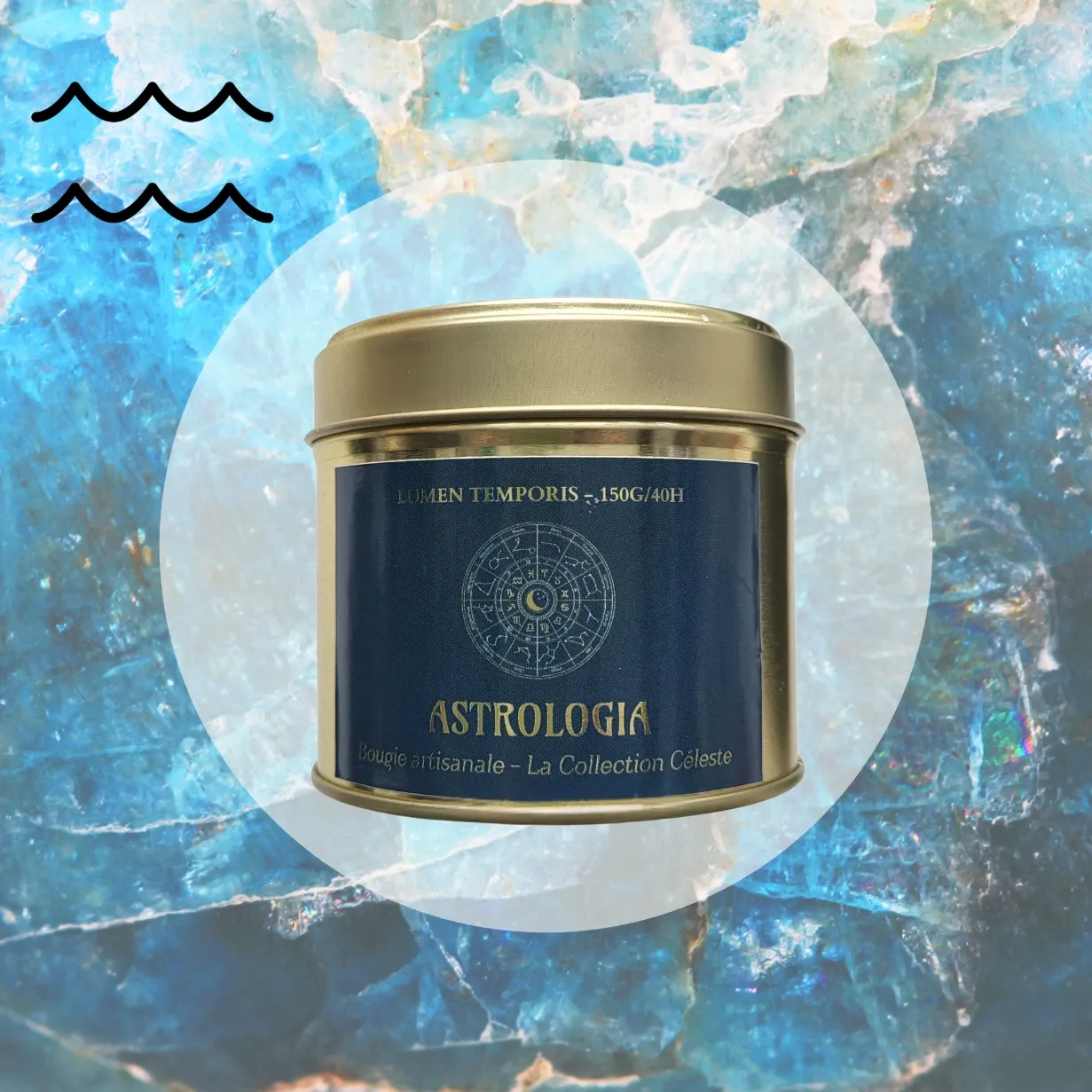Bougie Astrologique Verseau – Apatite Bleue • Intuition, Créativité & Liberté (70 grammes / ~18 heures de combustion)